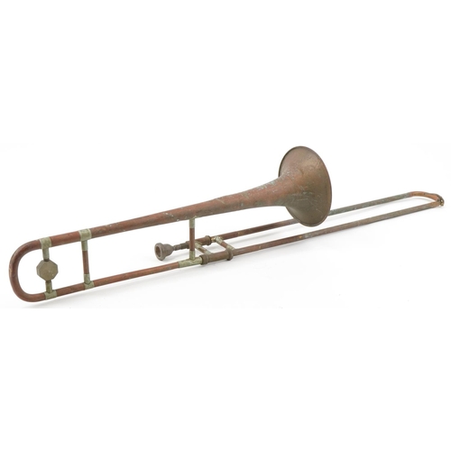 490 - Vintage copper and brass trombone, the mouthpiece marked Yamaha, 115cm in length