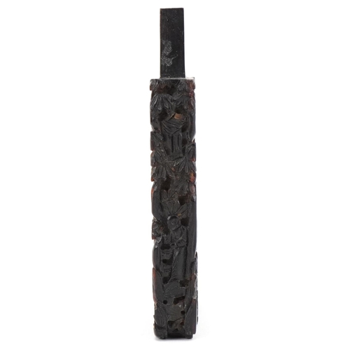 179 - Chinese tortoiseshell card case base profusely carved with figures, pagodas and trees, 10cm x 7.5cm