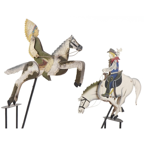 586 - Two vintage folk art metal pendulum figures in the form of a cowboy riding a horse and a Native Amer... 