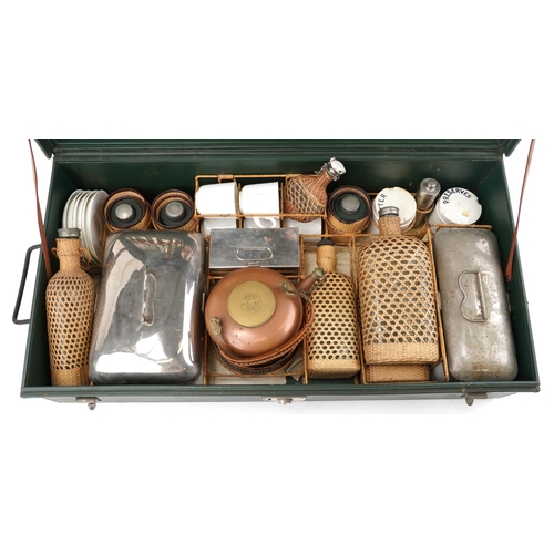 1463 - Motoring interest vintage picnic set with copper kettle, cutlery, plates, metal sandwich tins, ceram... 