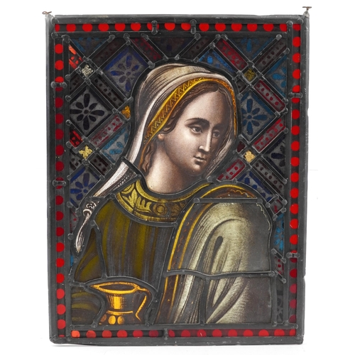 149 - Vintage religious stained glass panel of The Virgin Mary, 46cm x 36cm