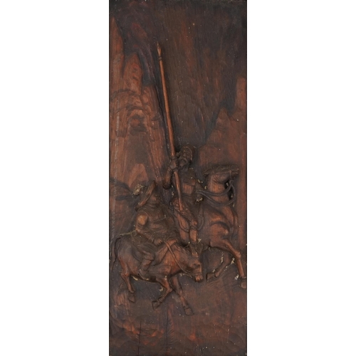 148 - Carved wooden plaque of Don Quixote, 63cm x 26cm