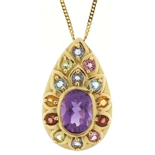 9ct gold multi gem teardrop pendant on a 9ct gold necklace, 2cm high and 44cm in length, total 2.6g