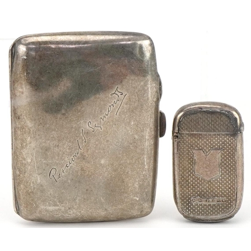 2441 - Rectangular silver cigarette case and an engine turned silver vesta, the largest 8.5cm wide, total 8... 