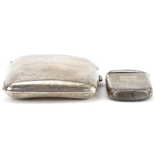 2441 - Rectangular silver cigarette case and an engine turned silver vesta, the largest 8.5cm wide, total 8... 