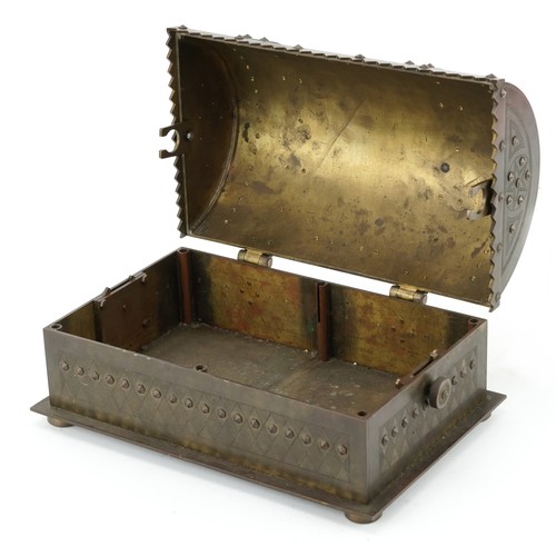 141 - Gothic bronze casket with rivets, strapping and side locking mechanism, 26cm wide