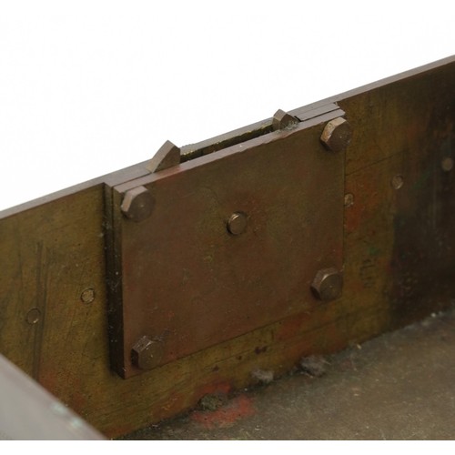 141 - Gothic bronze casket with rivets, strapping and side locking mechanism, 26cm wide