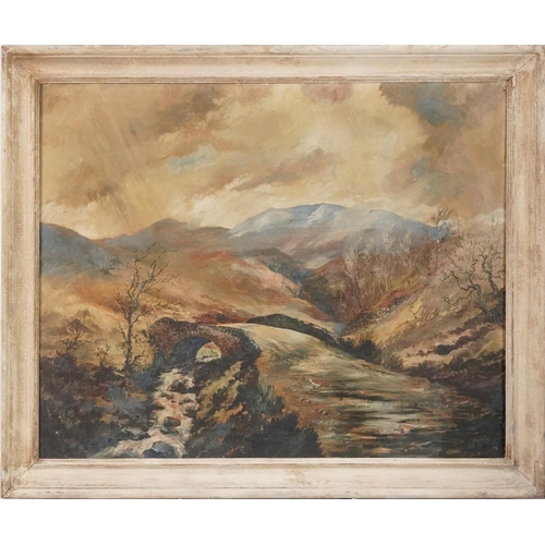 1088 - D Lindsay Glegg 1942 - Bridge in rain, oil on canvas, contemporary mounted and framed, 75cm x 60cm