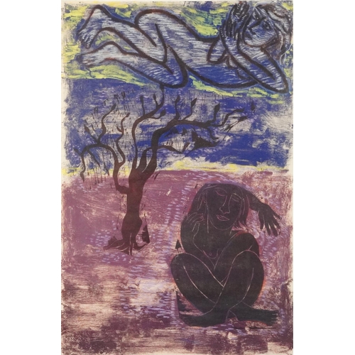 1113 - Abstract composition of a lady under a tree, oak framed and glazed, 96cm x 64cm