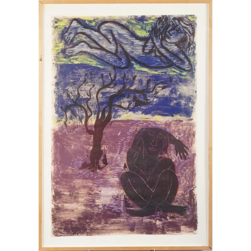 1113 - Abstract composition of a lady under a tree, oak framed and glazed, 96cm x 64cm