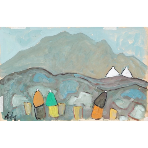 379 - Manner of Markey Robinson - Figures before cottages, two Irish school oil on cards, each unframed, e... 