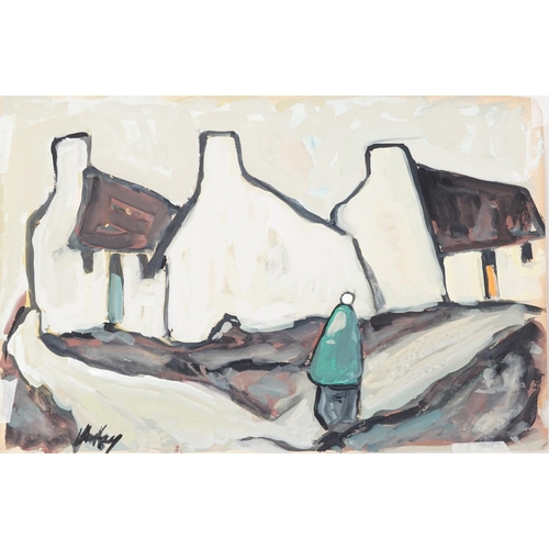 379 - Manner of Markey Robinson - Figures before cottages, two Irish school oil on cards, each unframed, e... 