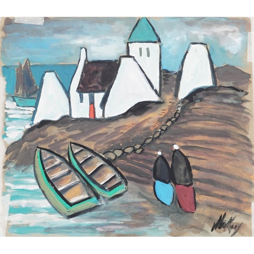 445 - Manner of Markey Robinson - Figures and boats, three Irish school oil on cards, each unframed, the l... 