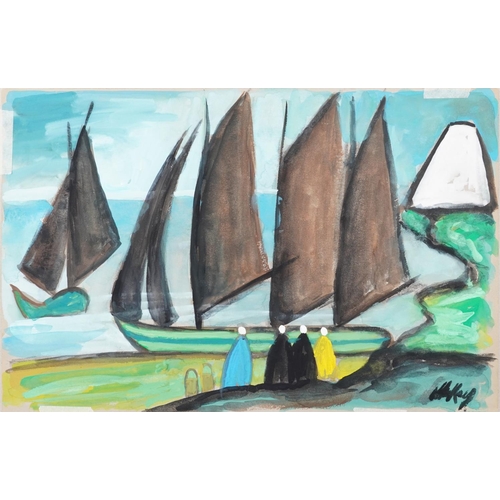 473 - Manner of Markey Robinson - Figures and boats, two Irish school oil on cards, unframed, the largest ... 