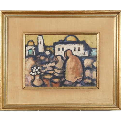 112A - Manner of Markey Robinson - Figures before buildings, Irish school oil on board, mounted and framed,... 