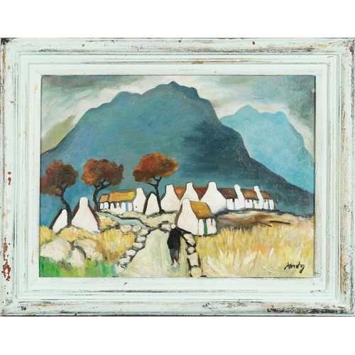 542 - Manner of Markey Robinson - Figure before cottages, Irish school oil on board, framed, 49.5cm x 39.5... 