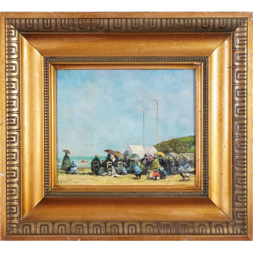 159 - Busy beach scene, French Impressionist oil on board, gilt framed, 29.5cm x 24cm