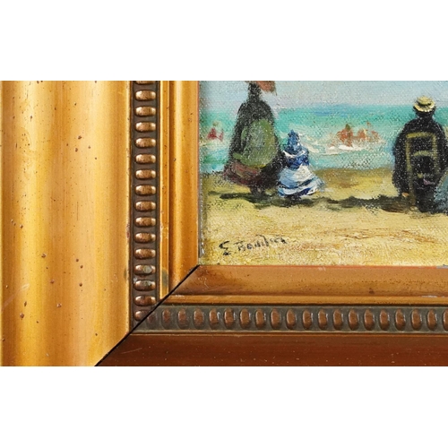 159 - Busy beach scene, French Impressionist oil on board, gilt framed, 29.5cm x 24cm