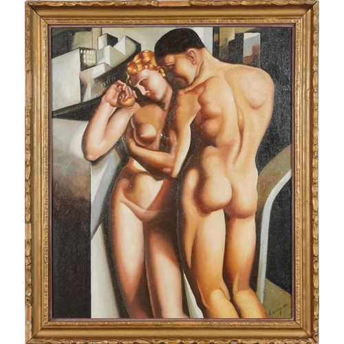 477 - Manner of Tamara de Lempicka - Nude Art Deco style couple, Polish school oil on canvas board, gilt f... 