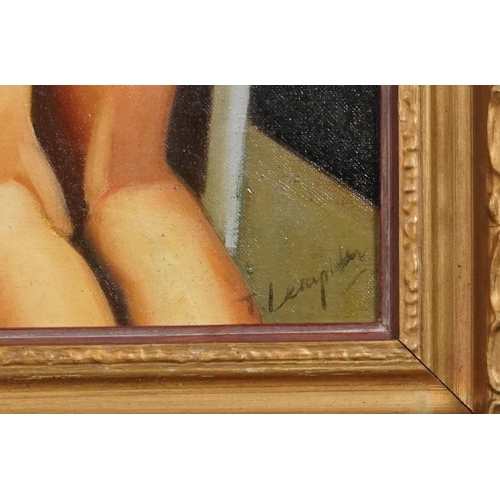 477 - Manner of Tamara de Lempicka - Nude Art Deco style couple, Polish school oil on canvas board, gilt f... 