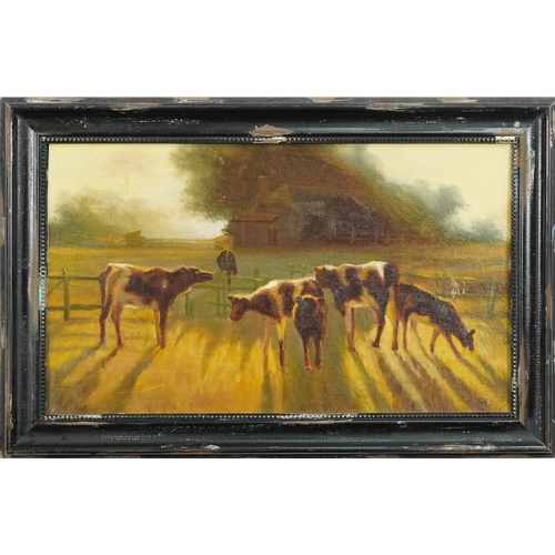 154 - Farmer with cattle before a farm building, oil on board, bearing an in distinct signature, framed, 5... 