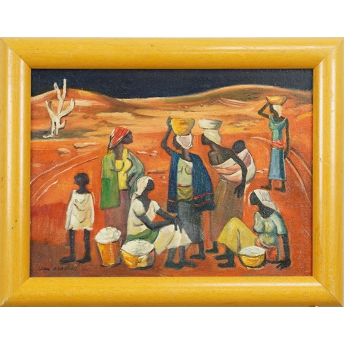 449 - Manner of Maurice Van Essche - African females with children, oil on board, framed, 39.5cm x 29cm