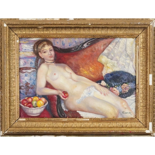 111 - Nude reclining female with fruit, oil on board, bearing the signature Rennie?, gilt framed,  34.5cm ... 