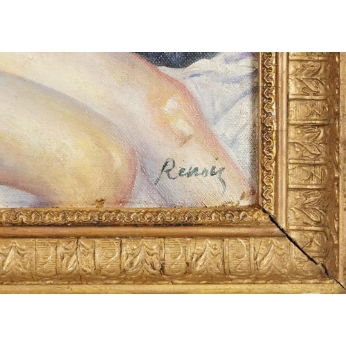 111 - Nude reclining female with fruit, oil on board, bearing the signature Rennie?, gilt framed,  34.5cm ... 