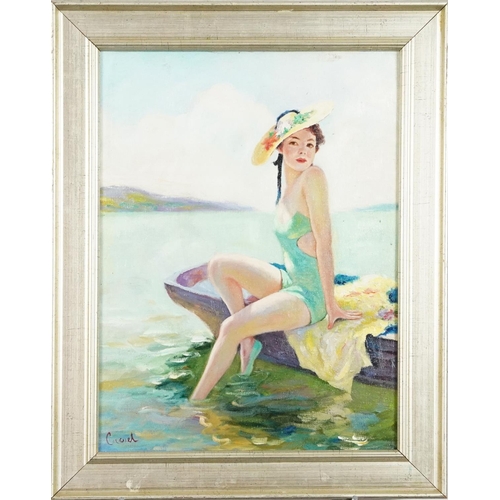 112 - Female in swimwear seated on a boat, oil on board, bearing an indistinct signature, framed, 39cm x 2... 