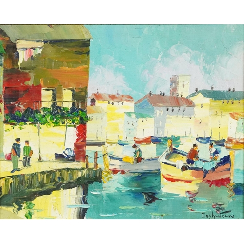 1114 - After D'Oyly John - Continental port, oil on board, framed, 34.5cm x 26.5cm