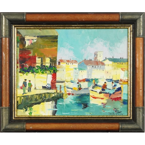 1114 - After D'Oyly John - Continental port, oil on board, framed, 34.5cm x 26.5cm