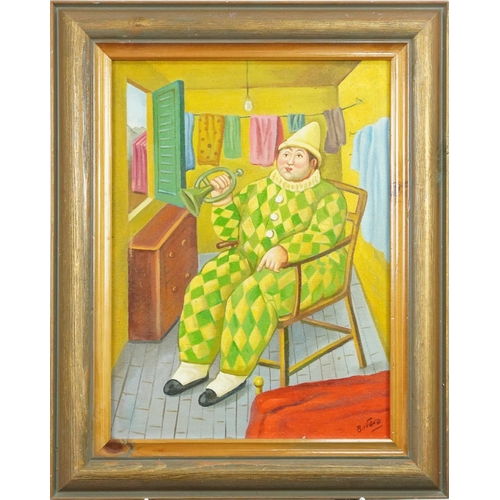 448 - After Fernando Botero - Seated clown, Italian Impressionist oil on board, framed, 39.5cm x 29cm