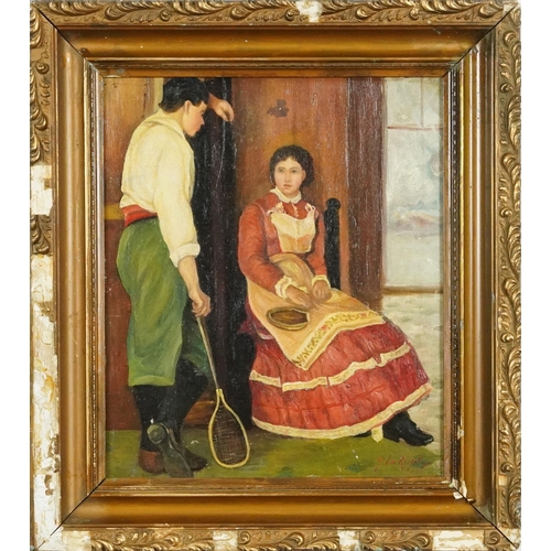 53 - Male and female in an interior, oil on board, bearing an indistinct signature, gilt framed, 33.5cm x... 