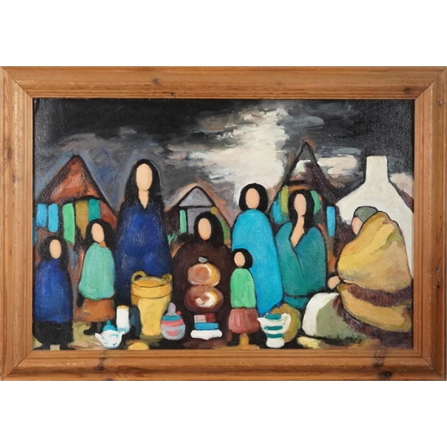 1116 - Manner of Markey Robinson - Seated figures before cottages, Irish school oil on board, framed, 75cm ... 