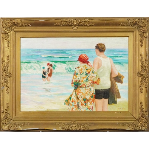 1305 - Figures in the ocean, oil on board, bearing an indistinct signature, gilt framed, 50cm x 34.5cm