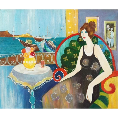 1084 - Female seated at a window before boats, Impressionist oil on board, framed, 60cm x 49.5cm