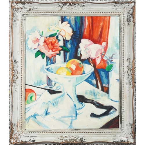 377 - Manner of S Peploe - Still life flowers and fruit, oil on board, framed, 60cm x 49cm