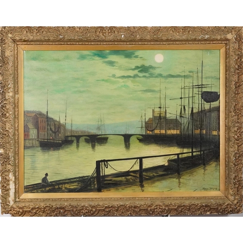 212 - After John Atkinson Grimshaw - Harbour scene, 19th century style oil on board, gilt framed, 70cm x 5... 