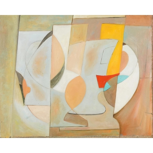 113A - Abstract composition, geometric shapes, oil on canvas, gilt framed, 52cm x 42cm