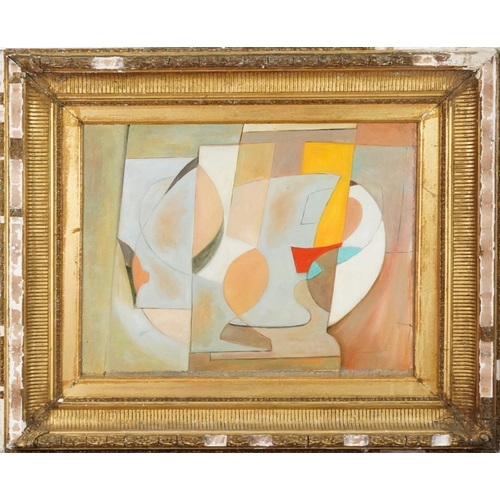 113A - Abstract composition, geometric shapes, oil on canvas, gilt framed, 52cm x 42cm