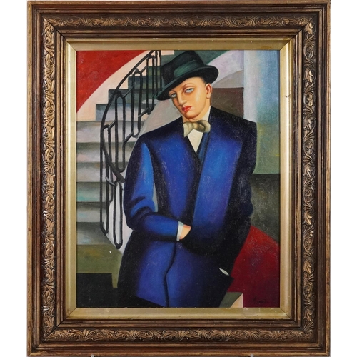 1039 - Manner of Tamara de Lempicka - Gentleman in a suit before a stairwell, Polish school oil on board, f... 