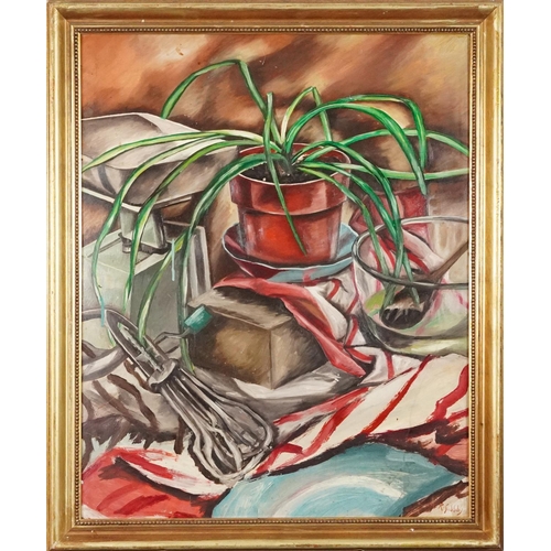 1111 - Still life plant and objects on a table, oil on board, bearing a signature R Suddaby, gilt framed, 7... 