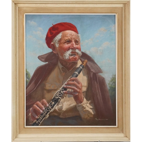 153 - Pap Domokos - Gentleman with a clarinet, oil on canvas, framed, 59cm x 49cm