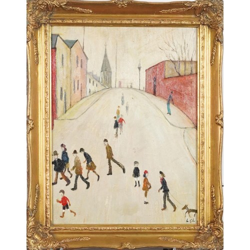 160 - Manner of Laurence Stephen Lowry - Street scene with figures, Manchester school oil on board, gilt f... 