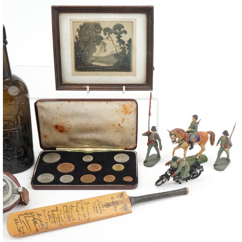 1161 - Sundry items including a Fremlin advertising glass bottle, railway lantern, 1968 specimen coin set a... 