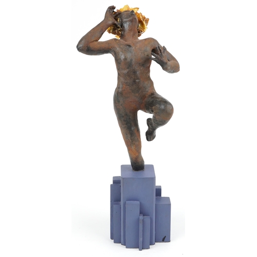 1076 - Neil Wilkinson, contemporary iron and marble resin with fibreglass sculpture of a nude female on woo... 