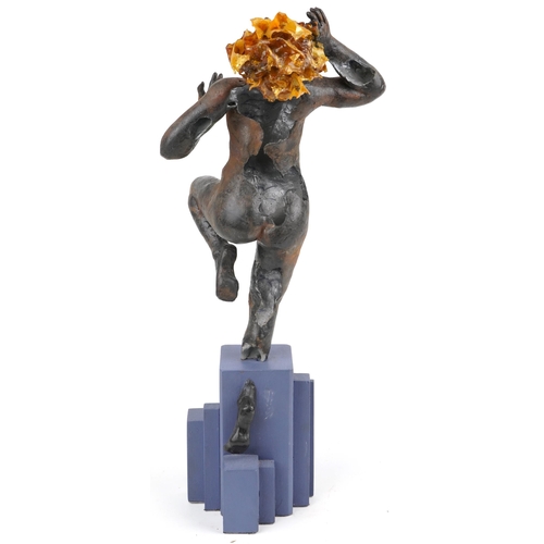 1076 - Neil Wilkinson, contemporary iron and marble resin with fibreglass sculpture of a nude female on woo... 