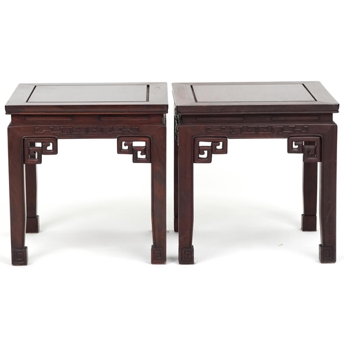 1016 - Pair of Chinese carved hardwood coffee tables, 46cm high x 46cm W x 46cm D