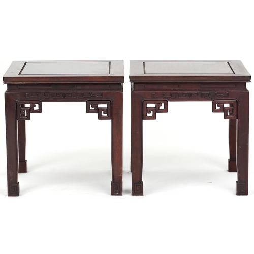 1016 - Pair of Chinese carved hardwood coffee tables, 46cm high x 46cm W x 46cm D