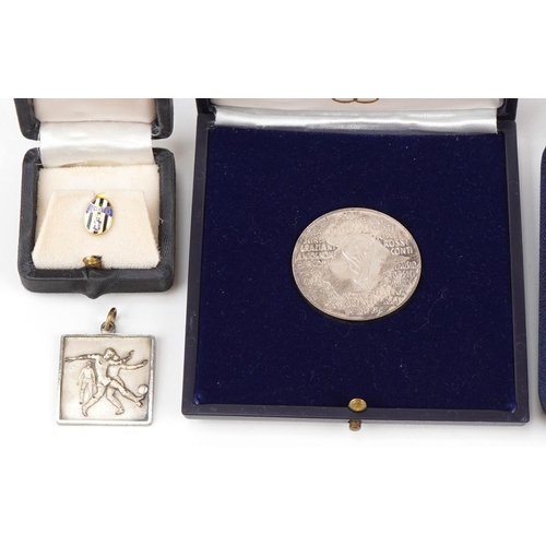 1443 - Football interest Italia 1898-1973 boxed silver medallion, boxed España '82 silver medal, Italy-Engl... 